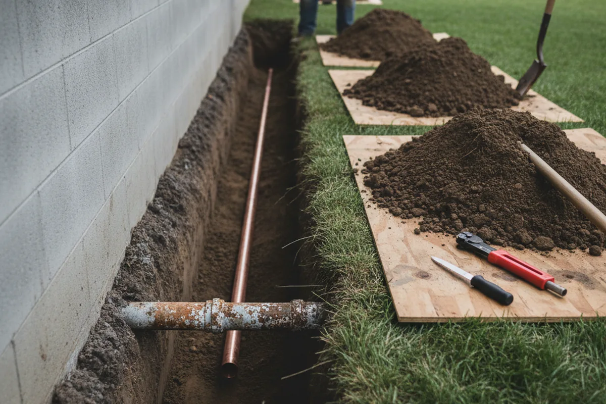 Excavated water line trench during Water Softener Installation in Anchor